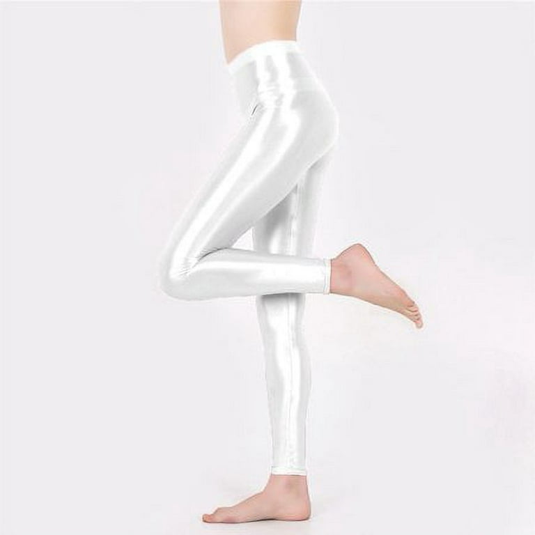 YIWEI Satin Oily Glossy Leggings Glitter Stockings Shiny Tights Wome High  Waist Yoga White XL