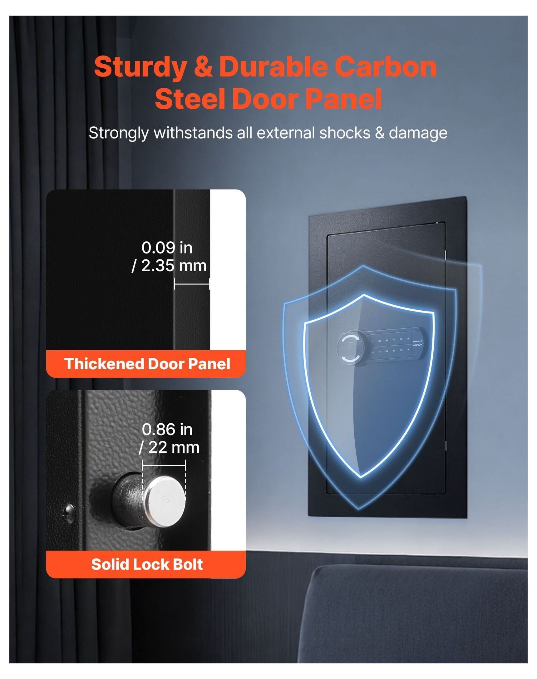 Wall Safe, Hidden In-Wall Safe with Password & Key Lock, 3-Tier Steel Security Box with LED Light, Adjustable Shelves & Key Holders for Cash, Jewelry, Passport - Black