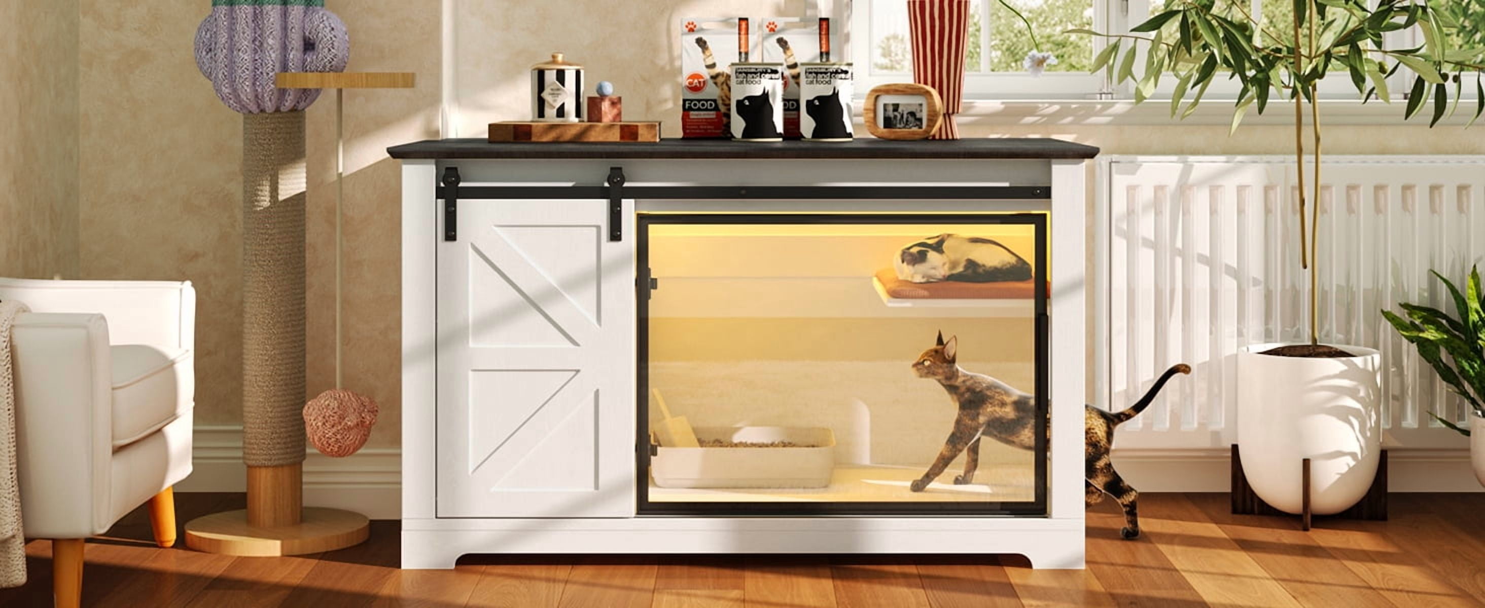 46" Farmhouse Cat Litter Box Enclosure with Sliding Barn Door, White Large Hidden Acrylic Door Cat Cabienet with LED Light, Cat Washroom Furniture with Storage Cabinet, Cat House Nightstand