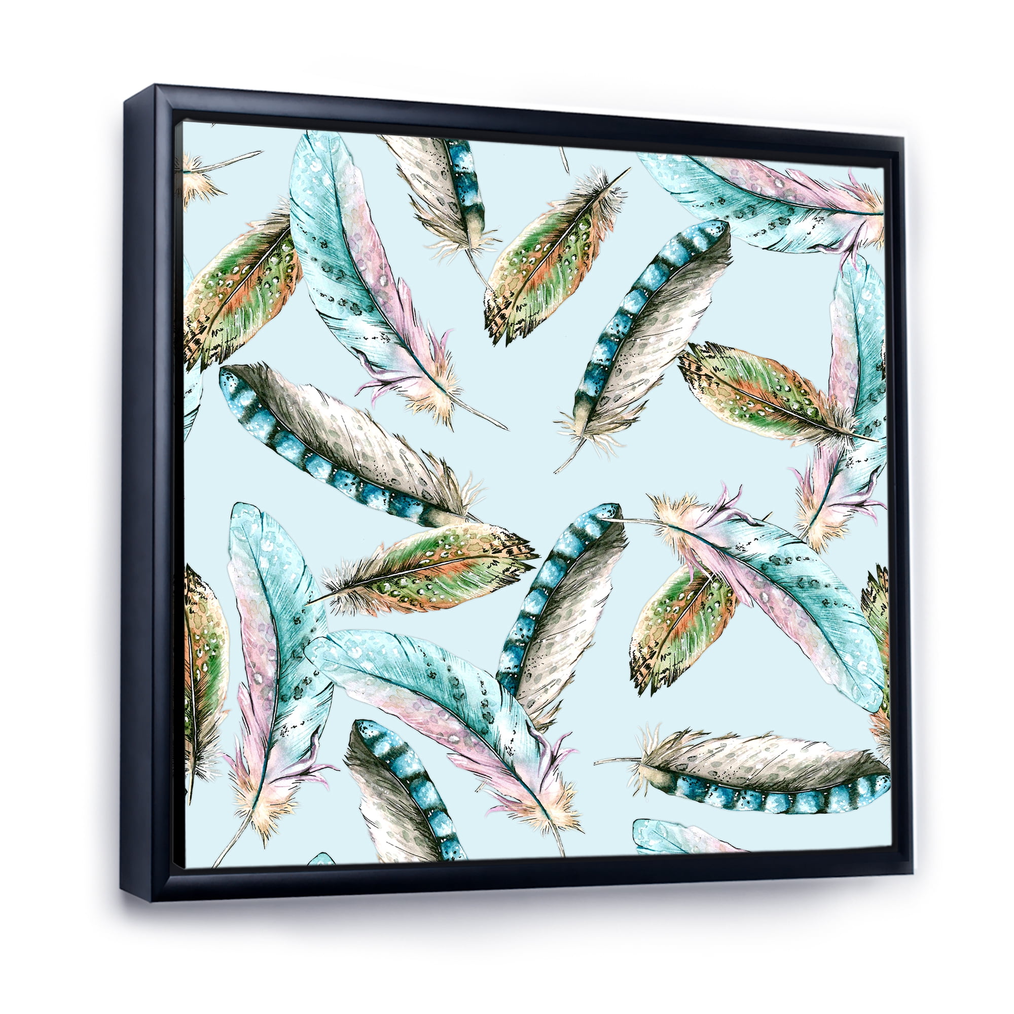 Designart 'Green Bird Feathers On Blue Background' Bohemian & Eclectic Framed Canvas Wall Art Print
