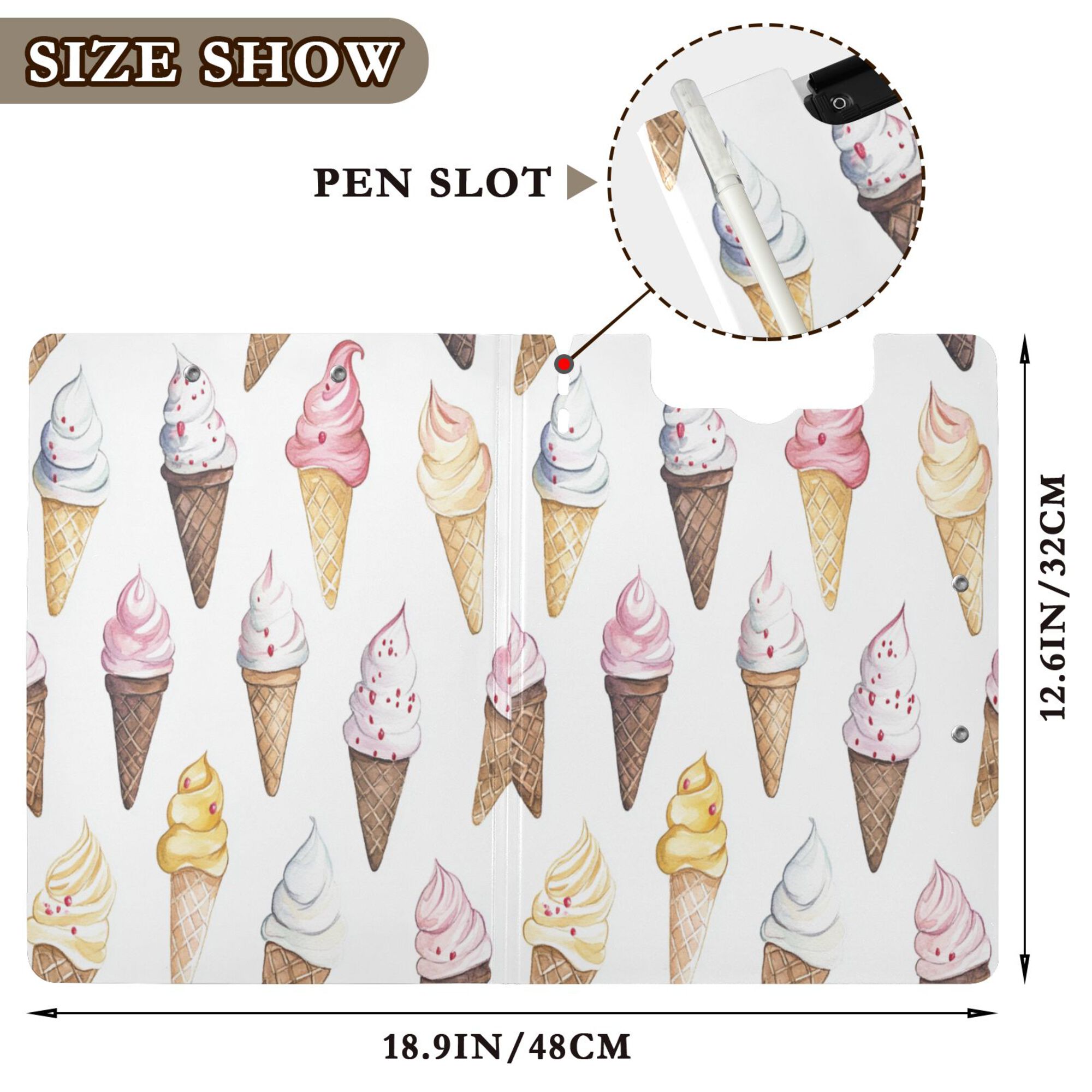 FORMRS A4 Clipboard Folder with Pen Holder Horizontal Foldable School Office Binder, Ice Cream Pattern