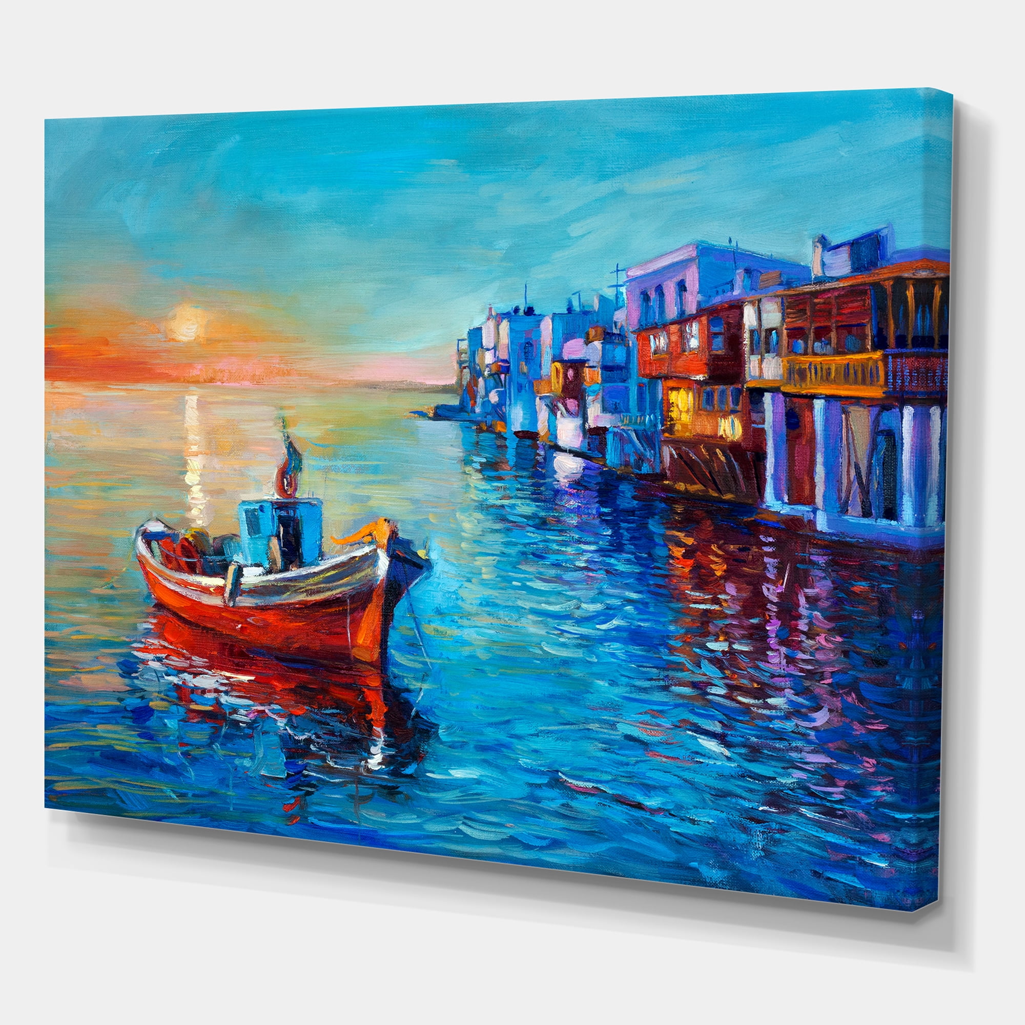 Designart ' Boats Near Coastal Town Resting On The Water I ' Nautical & Coastal Canvas Wall Art Print