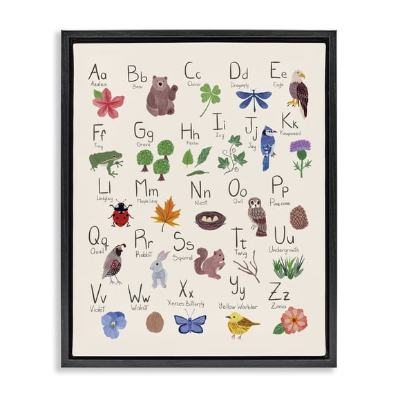 Stupell Industries Eclectic Animal Alphabet on Beige Black Floating Frame Canvas Art, 17 x 21, by Aralma