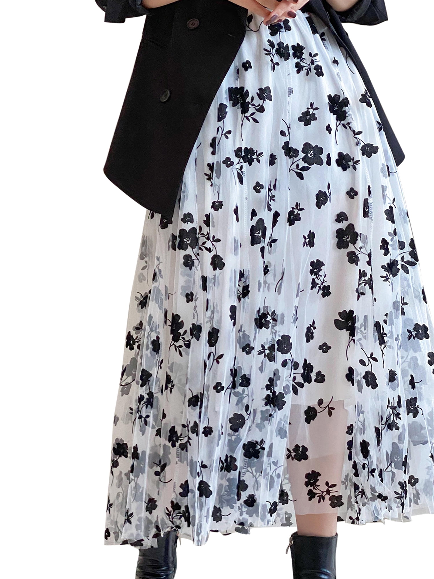 Jkerther Women Floral Tutu Tulle Mesh Flower Print Skirts Elastic High