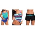 thumbnail image 1 of Women's Solid Ruched Tankini Top Swimsuit with Triangle Briefs and Striped Printed Strappy Racerback Tankini Swim Top and Side Split Waistband Swim Shorts Bundle, 1 of 8