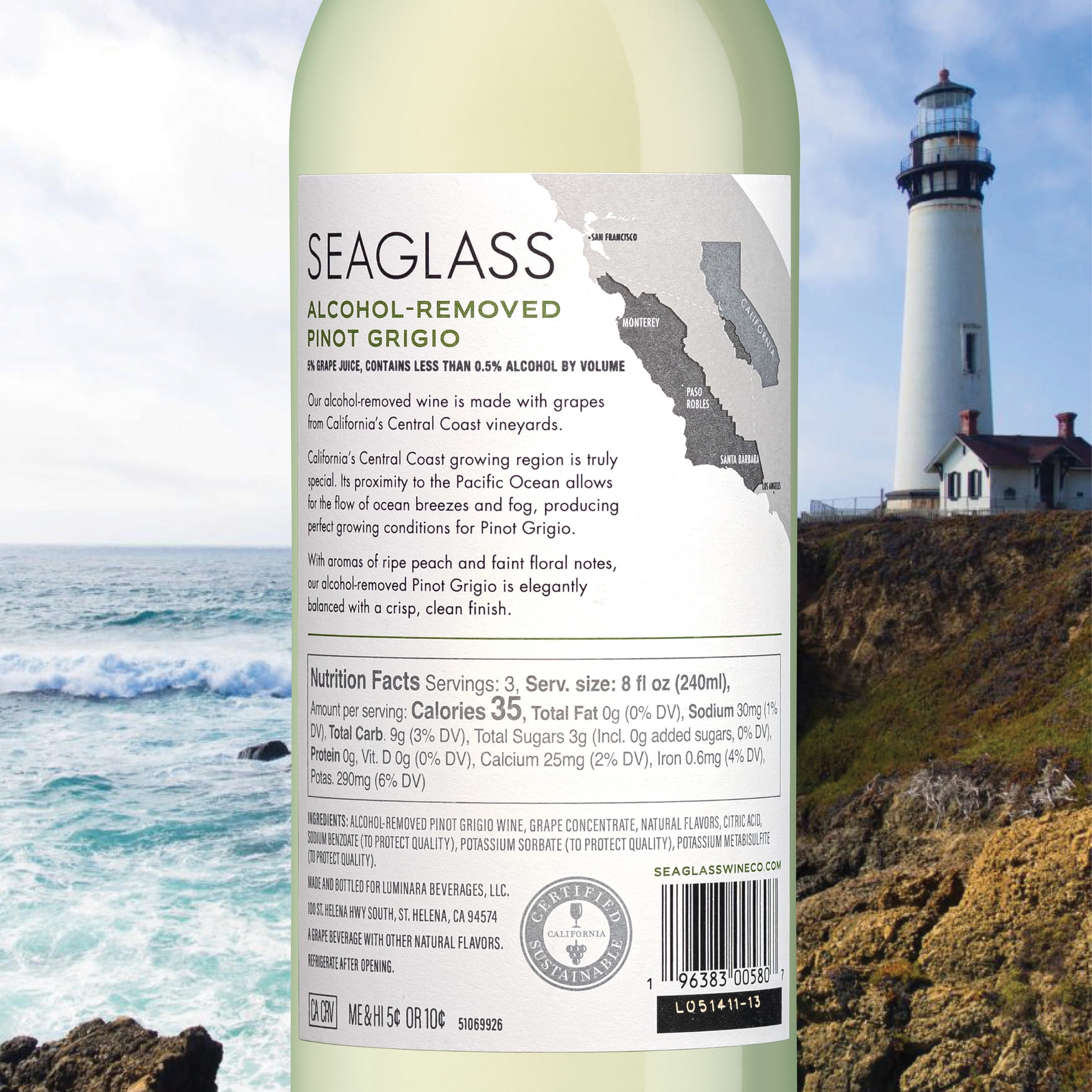 SEAGLASS Alcohol Removed Pinot Grigio White Wine, 750mL Wine Bottle