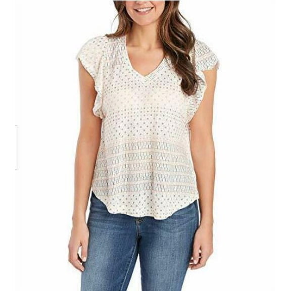 Ella Moss Women's Short Sleeve V-Neck Linen Blend Top, Geo Stripe, Large - NEW