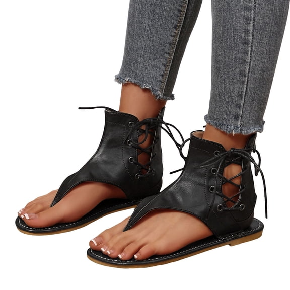 Gladiator Sandals for Women Lace up Ankle Strap Back Zipper Flip Flops Lightweight Retro Leather Flat Shoes Black Size 6.5