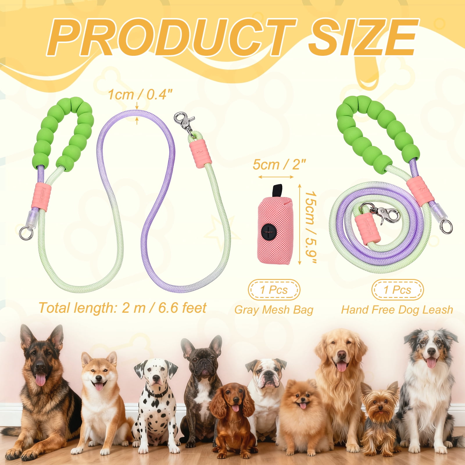Uxcell Dog Leash with Padded Hands Free, 6.6ft/2m Adjustable Bungee Dog Training Leash, No Pull Heavy Duty Rope(Blue Pink, Pink Bag), Intended for Large Medium Pet Running/Hiking/Walking
