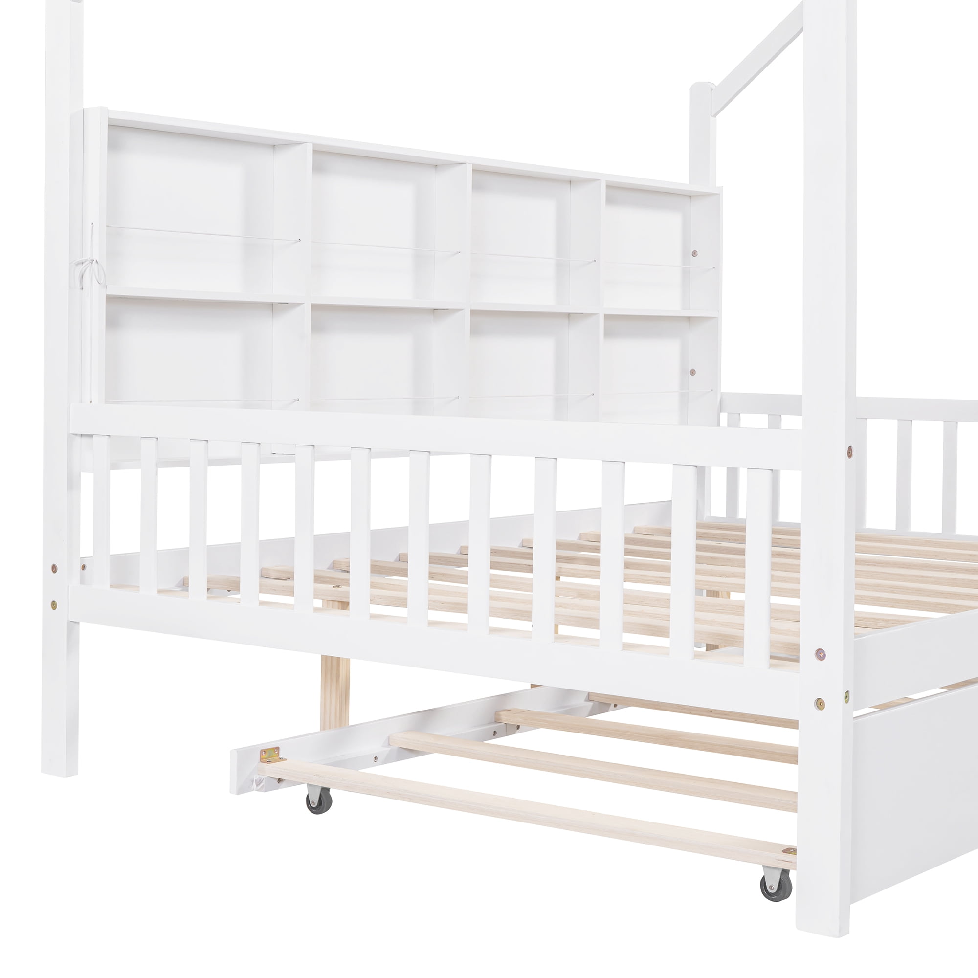 Gewnee Full House Bed with Trundle and Storage Shelves, Wood Playhouse Bed with Roof for Kids,White