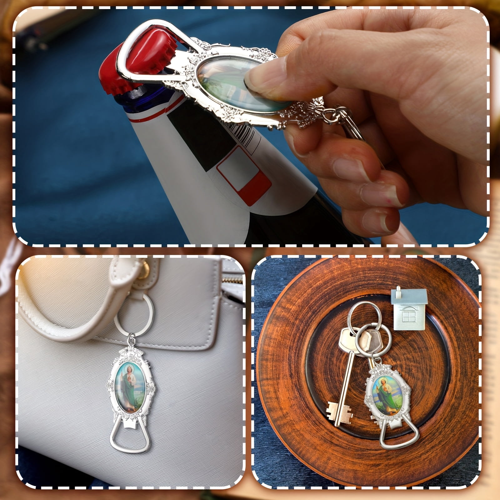 12 Sets St. Jude Bottle Opener Keychains with Organza Bags, Zinc Alloy Catholic Keychain Gift Set for Baptism, Church Celebration, Religious Gathering and Faith Inspired Keepsakes