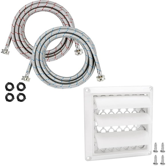 4 Inch Louvered Exhaust Dryer Vent Cover Outdoor Exhaust Cap with Aluminum Built-in Pest Guard Screen and Screws & 15ft LONG Washing Machine Hoses 3/4'' Standard Interface