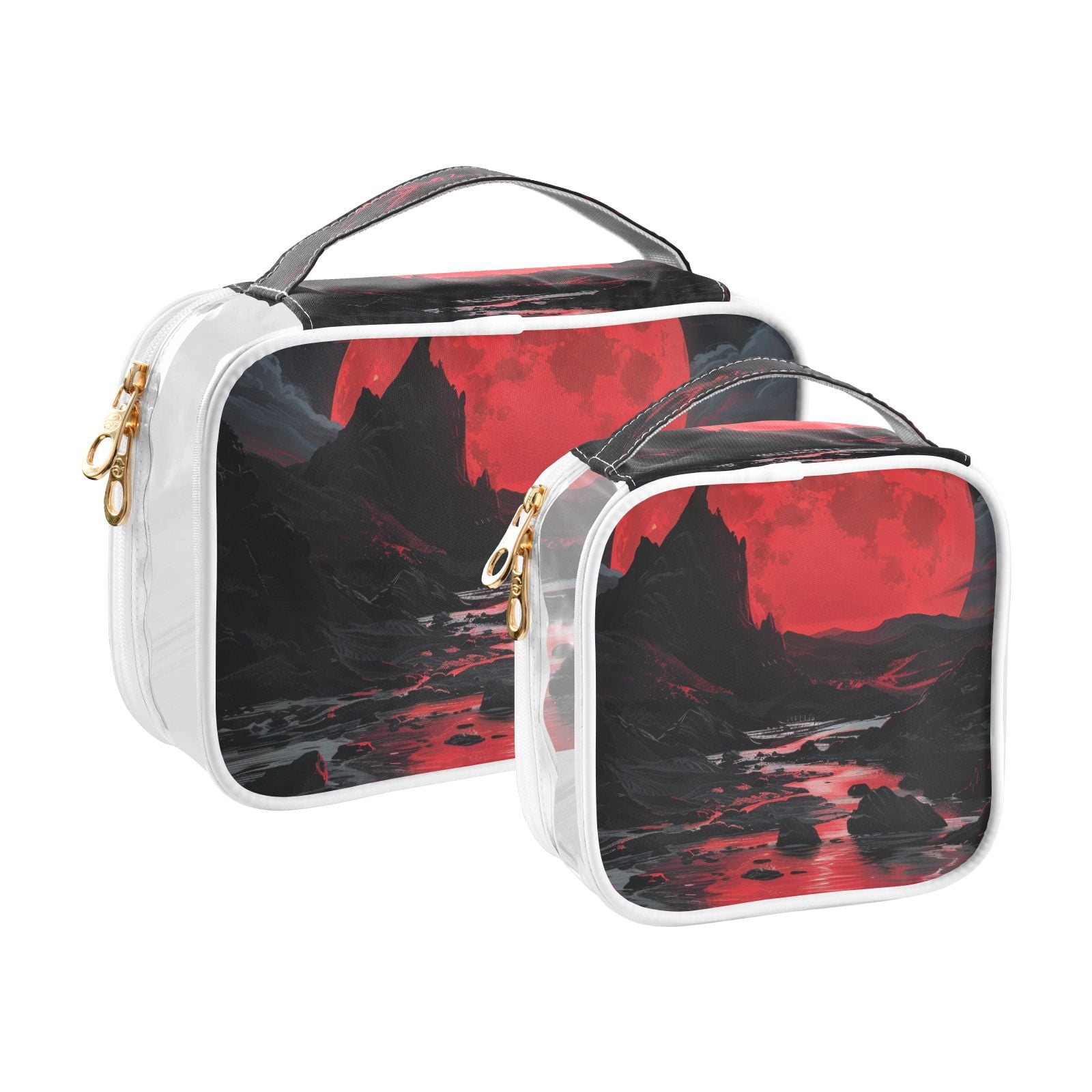 Clear Makeup Bags with Handle Large Opening 2 Pack Set Toiletry Bag Quart Size Bag, for Women Man Traveling Travel Essentials, Toiletries and Other. Red Moon Wild