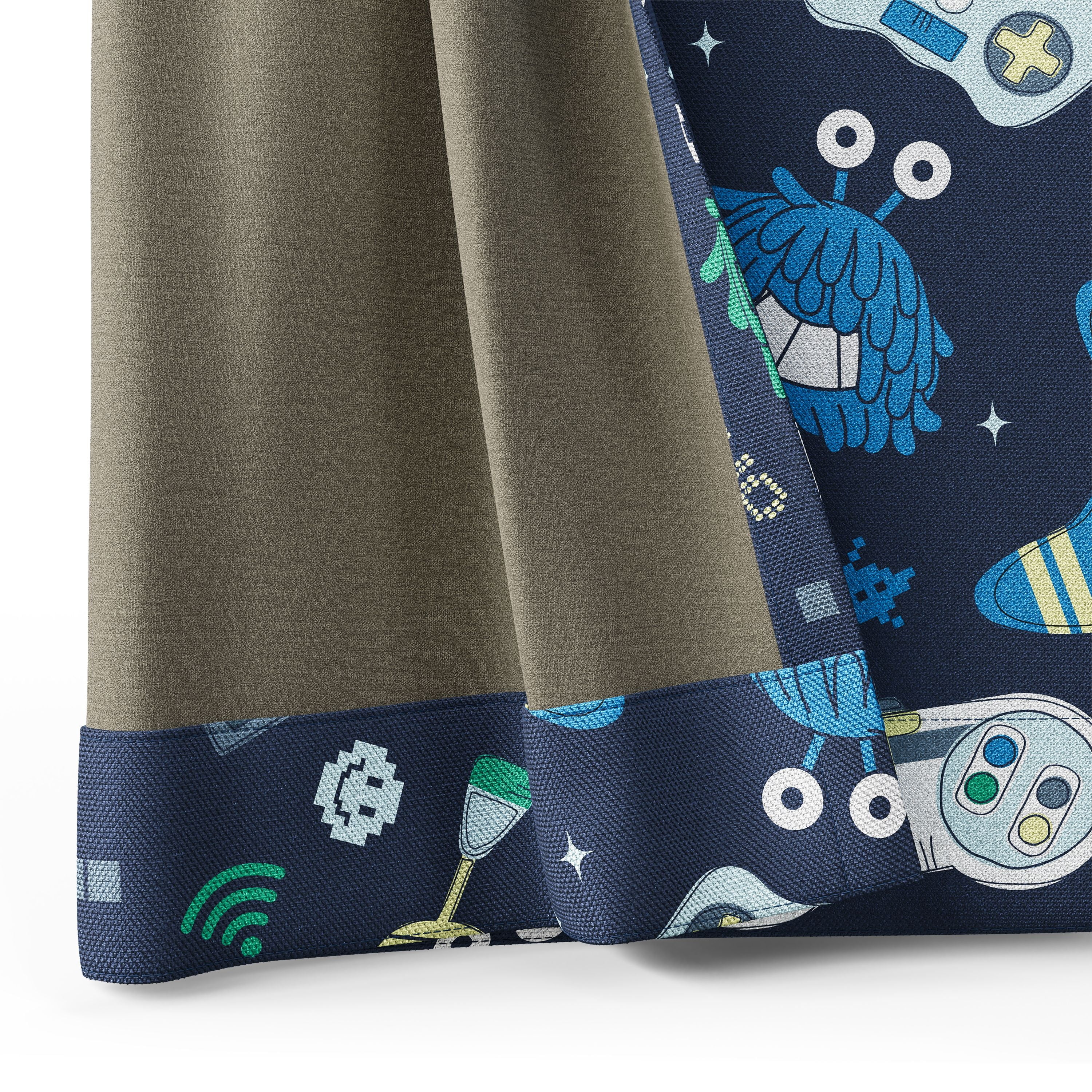 Mainstays Kids Navy Blue Printed Glow in the Dark Blackout Rod Pocket with Back Tabs Single Curtain Panel, Gamer Print, 38" W x 84" L