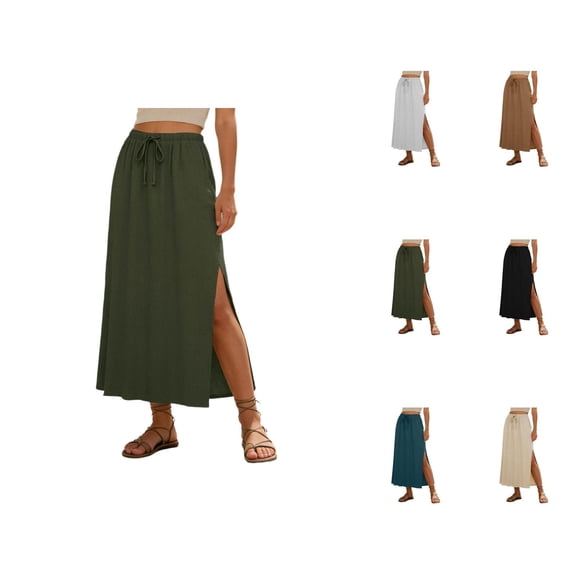 Linen Straight Maxi Skirt for Women Elastic High Waisted Drawstring Side Slit Casual Long Flowy Skirt with Pockets
