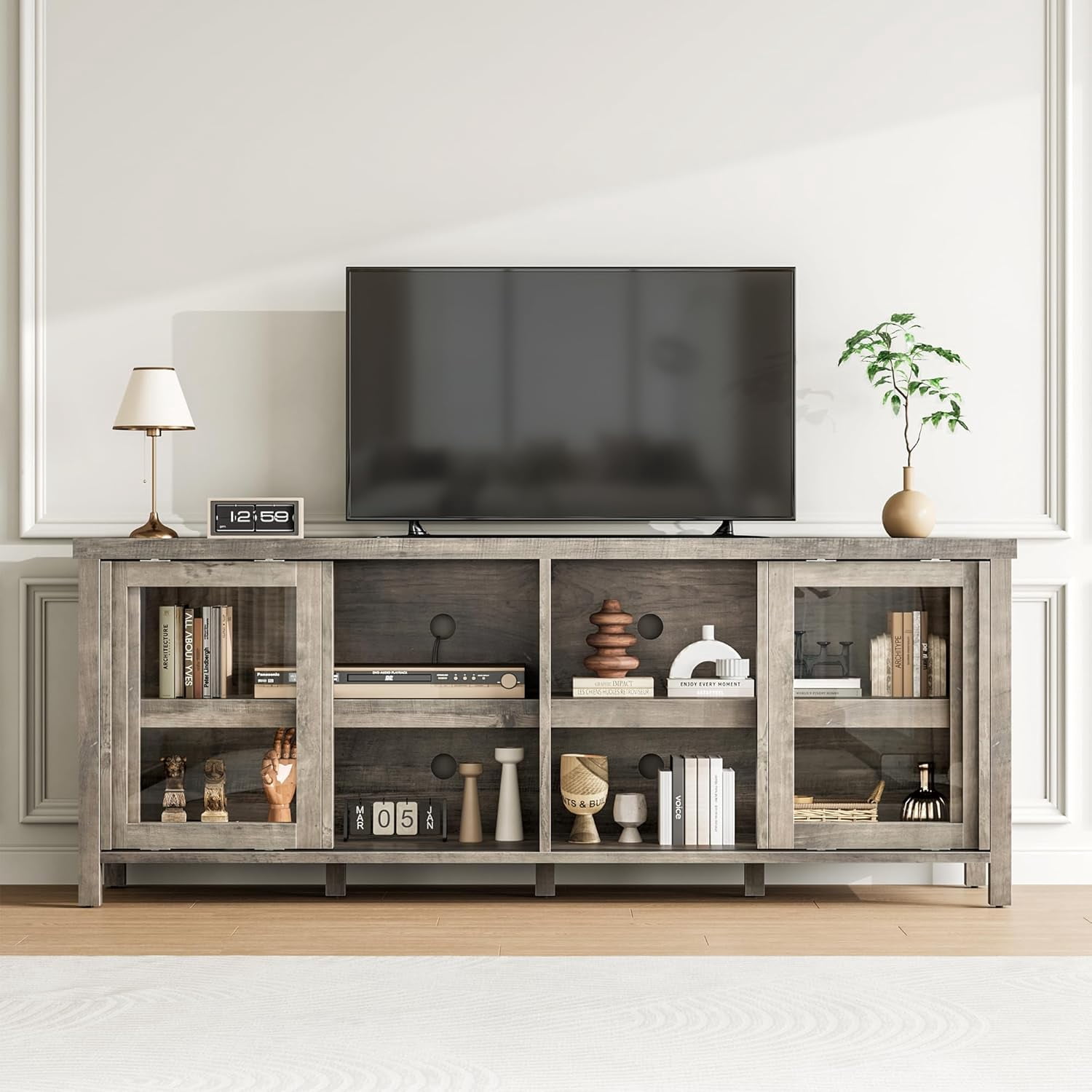 TV Stand for 65 Inch, Entertainment Center with Storage Cabinet and 4 Sliding Glass Doors, Mid Century Modern Media TV Console Table for Living Room Bedroom