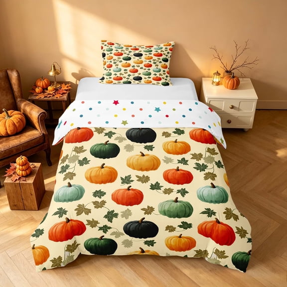 Homewish Vintage Fall Pumpkin Twin Duvet Cover, Autumn Maple Leaf Twin Bedding, Cream Mixed Hues, Polka Dots Reversible 2 Pieces, 1 Duvet Cover and 1 Pillowcase