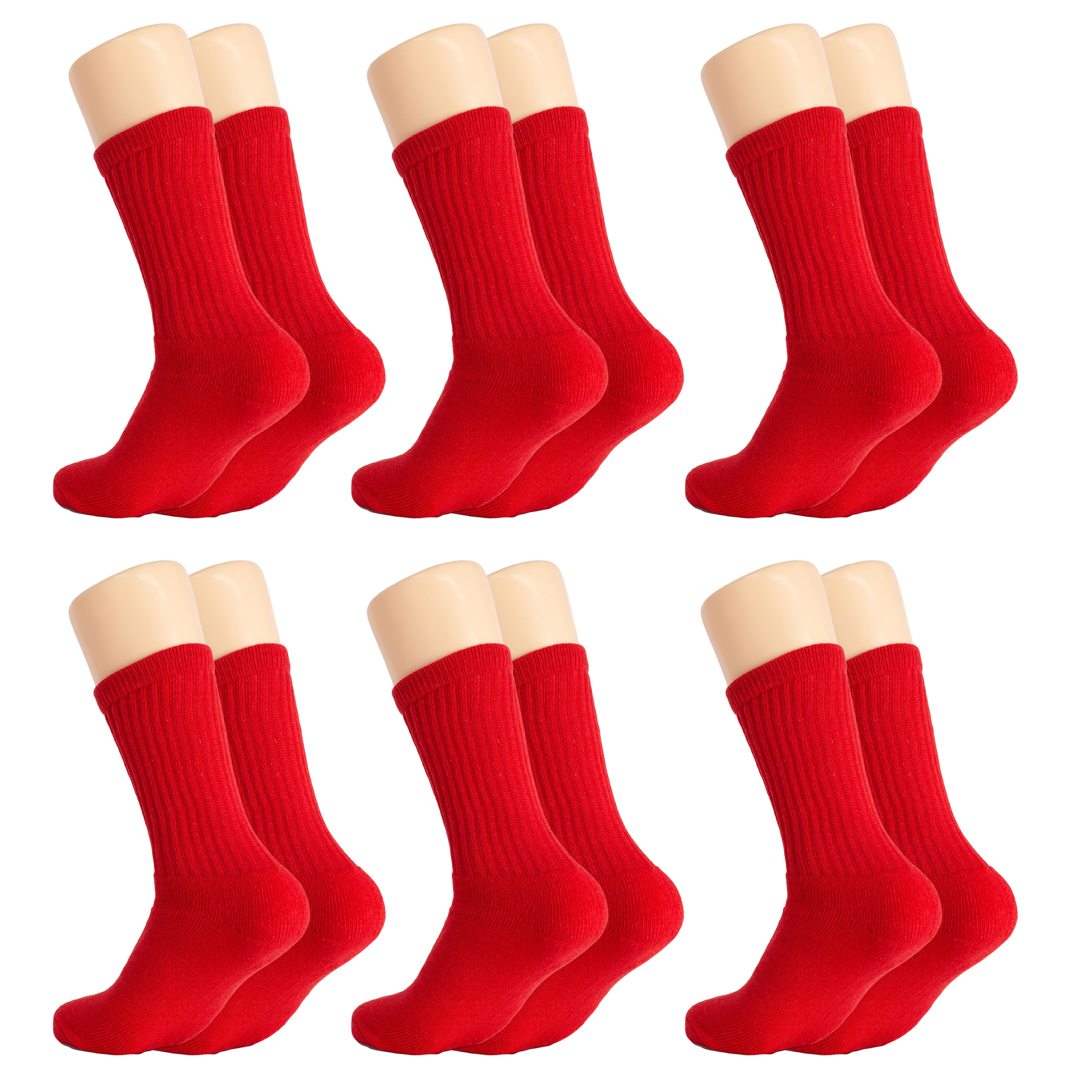 Solid Cotton Cushion Crew Socks for Women and Men Red 6 Pairs Size 911
