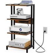 AV Media Stand with Power Strips,4-Tier Stereo Cabinet Audio Rack,Game Console Shelf with Adjustable Shelves,Small Entertainment Center with Larger Tabletop for PS5 Xbox TV Box DVD Players