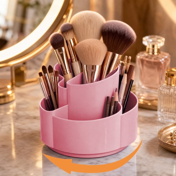 Rotating Pen Holder, 360 Degree Spinning Desk Organizer with 5 Compartments, Multi Storage Box for Office Supplies, Pencils, Markers, Scissors and Makeup Brushes, Compact Desktop Stationery Caddy