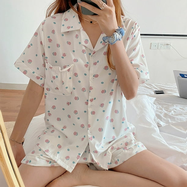 Women Summer Pajamas Short Sleeves Chest Pocket Dotted Print Turn Down Collar Two Piece Sleepwear White XXL