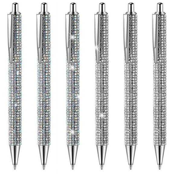 6 Pcs Cute Pen Bling Diamond Christmas Rhinestones Gift Silver Metal Ballpoint Fancy Sparkly Crystal A