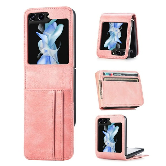 Haobuy Compatible with Samsung Galaxy Z Flip 5 Wallet Case with Card Holder Leather Slim Business Case-Pink