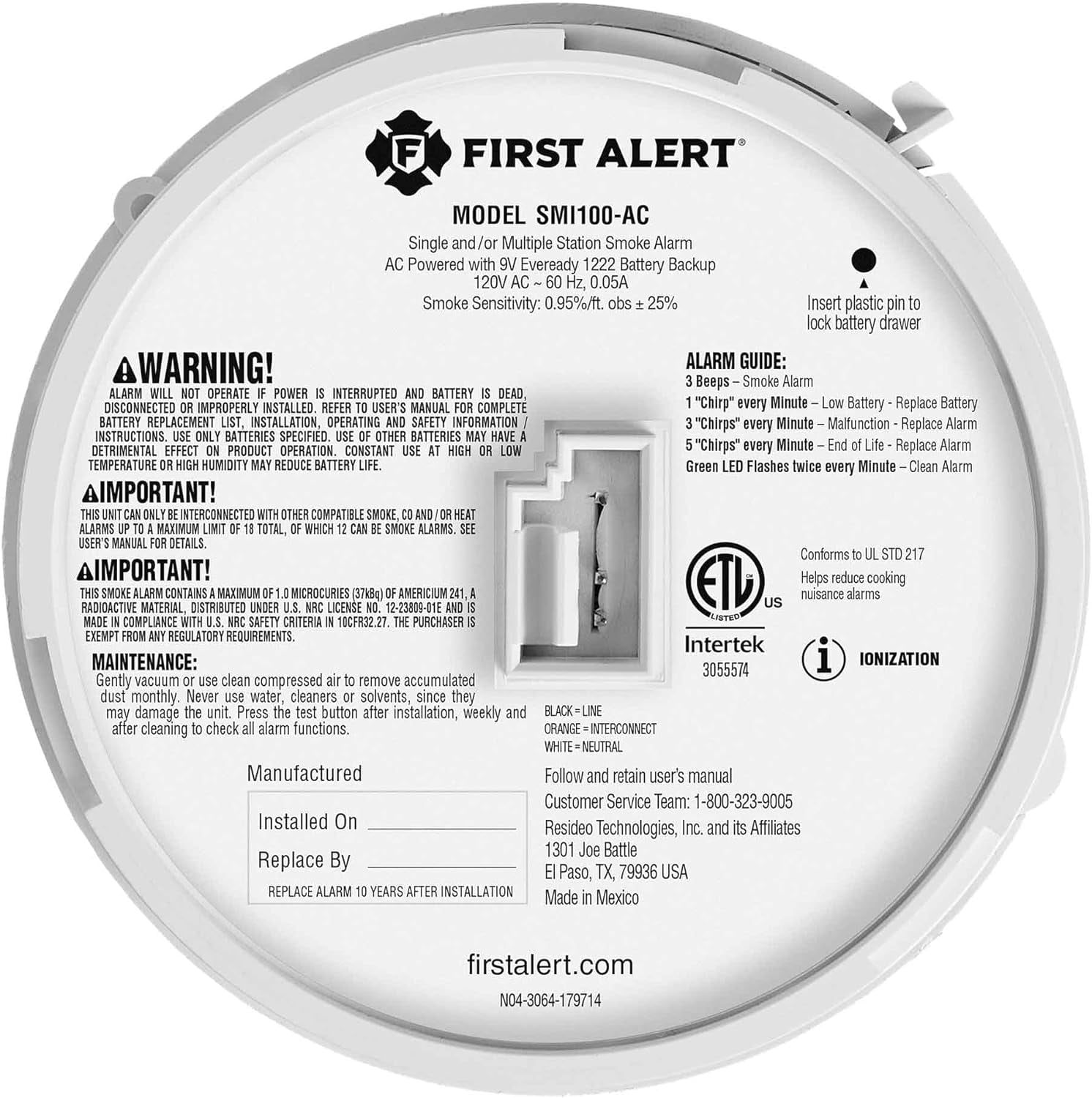 First Alert BRK SMI100-AC, Hardwire Interconnect Smoke Alarm with Battery Backup