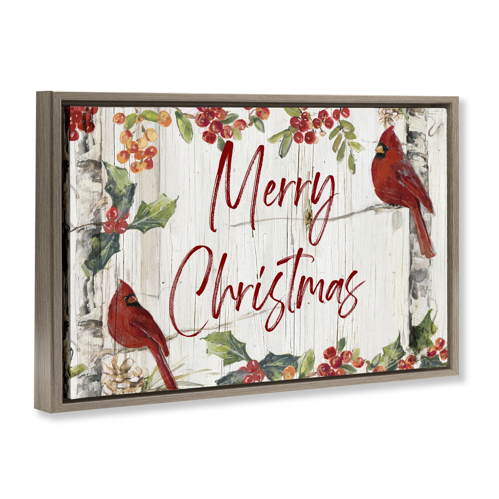 Stupell Industries Christmas & Cardinal Birds Holiday Painting Brown Floater Framed Canvas Art Prints Wall Art, 25 x 17
