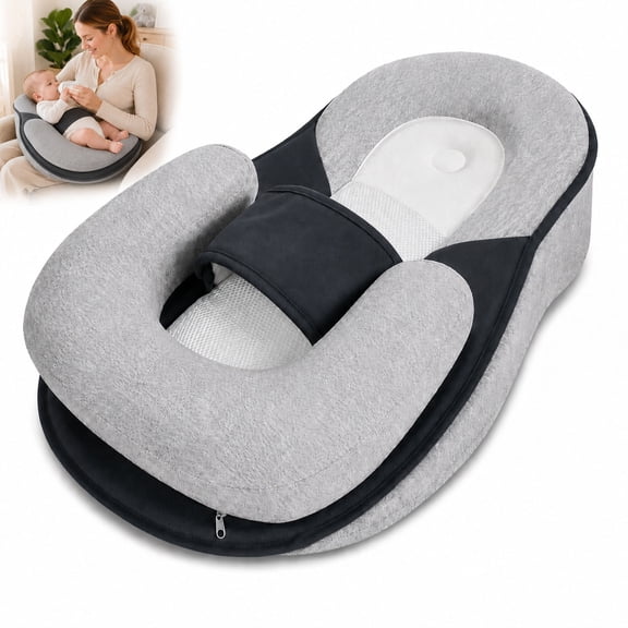 Gofinoday Babe Feeding Support Pillow for Breastfeeding and Bottle Feeding, Supervised Tummy Time Cushion with Soft Removable Cover, Gray