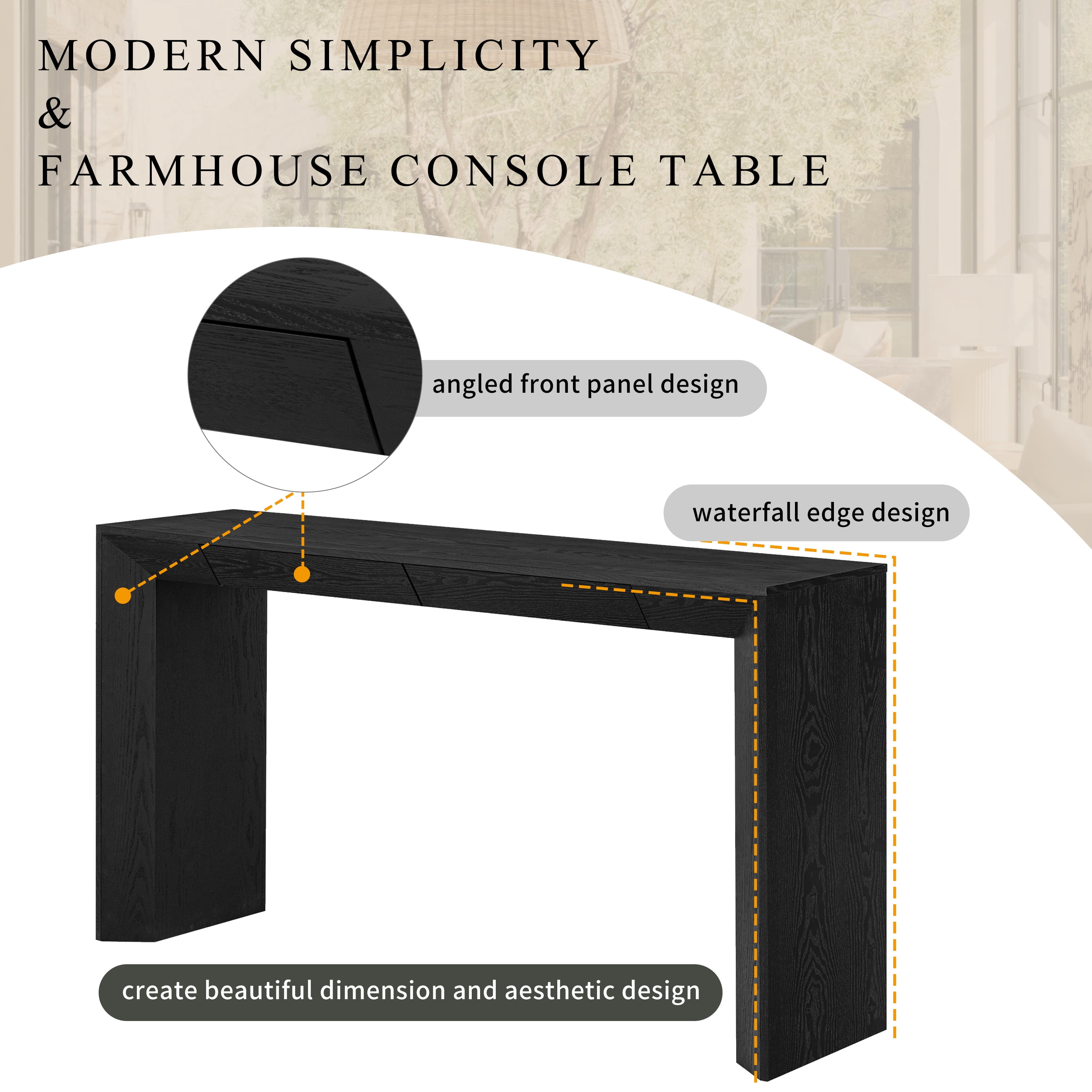 EUROCO 60" Modern Console Table with 2 Concealed Drawers, Entryway Table with Waterfall Design for Living Room, Entryway & Hallway,Black