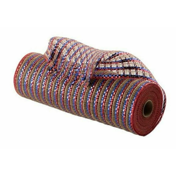 10" All Foil Thin Stripes Mesh Ribbon: Red, Natural, Blue (10 Yards)