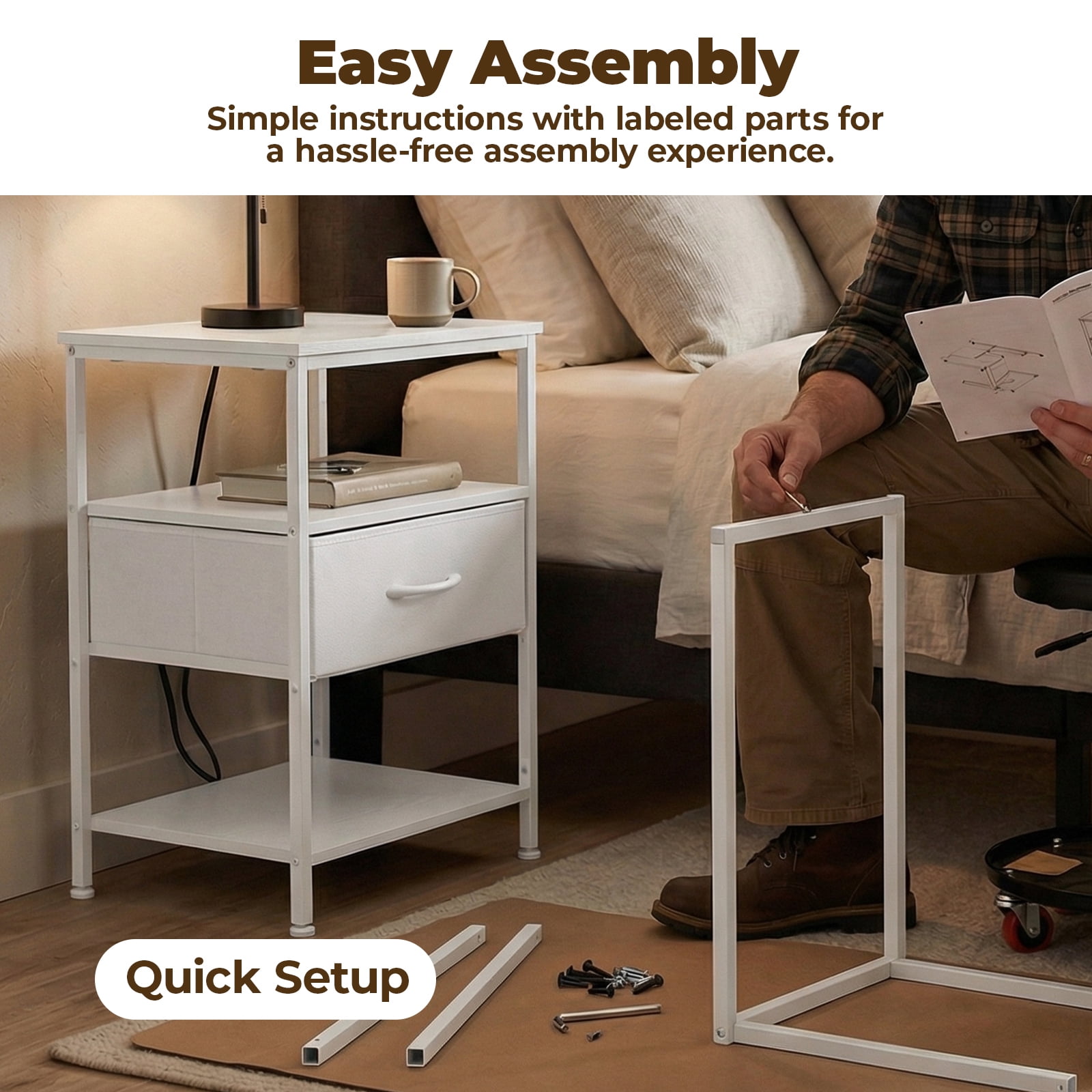 Alvantar Bedside Table Charging Station Nightstand with USB/C Ports, Adjustable Drawers, 3-Tier Storage Shelf
