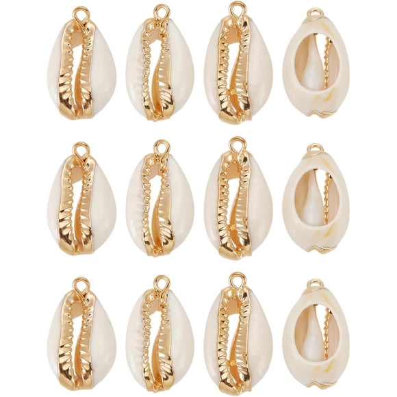 12Pcs Electroplate Cowrie Shell Pendants Cowrie Shell Pendants with Golden Iron Findings Bluk Sea Shell Charms with 1.5mm Hole for DIY Earring Necklace bracelet Key Chain Jewelry Making