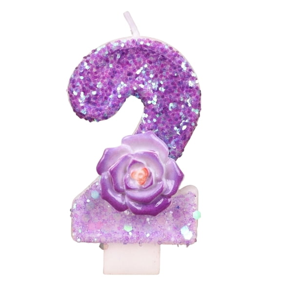 Goleeg Purple Glitter Number Candles for Cake, Shimmering Flower Accent at Base, Ideal Birthday Parties Cake Decor, Wedding Anniversary and Other Celebrations Number 2