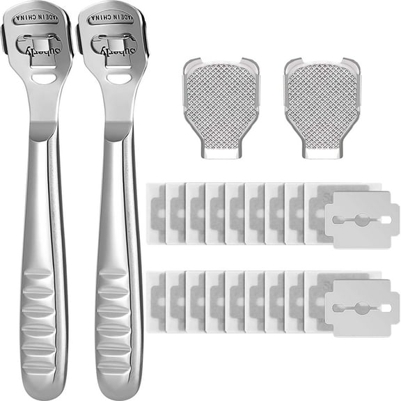 24 Pieces Callus Shaver Set, 20 Replacement Slices Blades 2 Callus Shavers and 2 Foot File Head Foot Care Tools Steel Handle Hard Skin Remover for Hand Feet (Grooved Handle)
