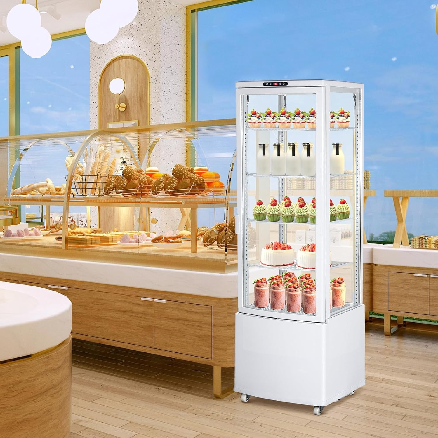IdealHouse Commercial Display Refrigerator, 10.0 Cu. Ft./280L Countertop Pastry Refrigerated Display Case with Led Lighting, Air-Cooling, Frost-Free, Rear Sliding Door for Cafes Cakes, Stores