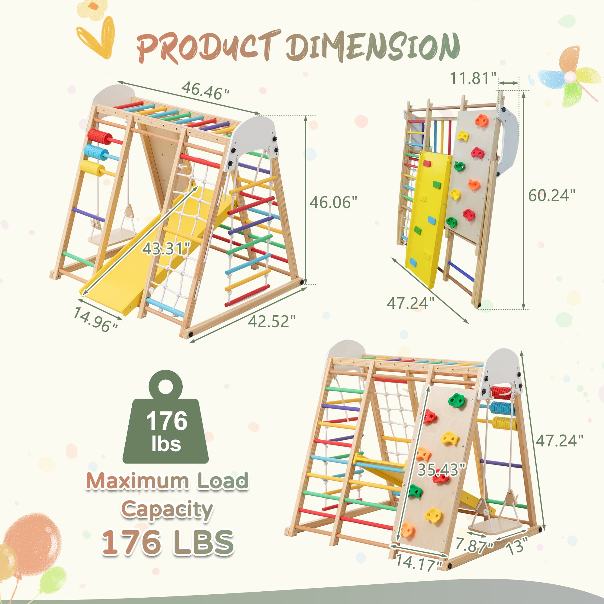 9 in 1 Foldable Kids Climbing Frame & Slide, Wooden Toddler Playground with Swing, Monkey Bars, Climbing Rock, Abacus Game, Indoor Outdoor Playset for Ages 3+, Natural Wood, 176LBS Capacity