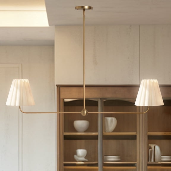 Elegant Linear Brass 2-Light 45 Inch Chandelier, Cleanly Ruffled White Linen Shade Light, Ceiling Mounted Light over Kitchen Island, for Living Room, Dining Room