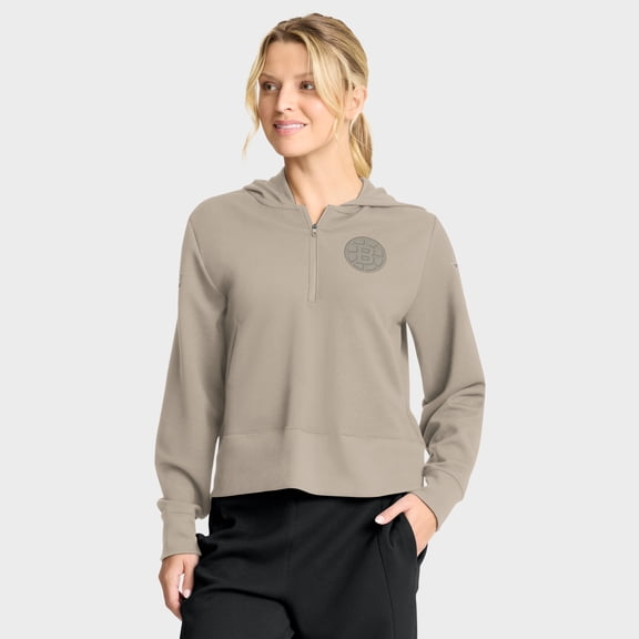 Women's Fanatics Tan Boston Bruins Authentic Pro Road Tri-Blend Quarter-Zip Hoodie
