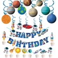 thumbnail image 1 of Decoración de fiesta de cumpleaños de galaxia, suministros para fiestas con temática espacial que incluyen pancartas, adornos para magdalenas, remolinos colgantes, decoraciones, 1 of 5