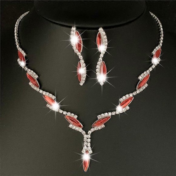 Silver Plated Royal Red Crystal Wedding Jewelry Sets for Women Leaf Long Necklace Earrings Bridal Jewelry Sets