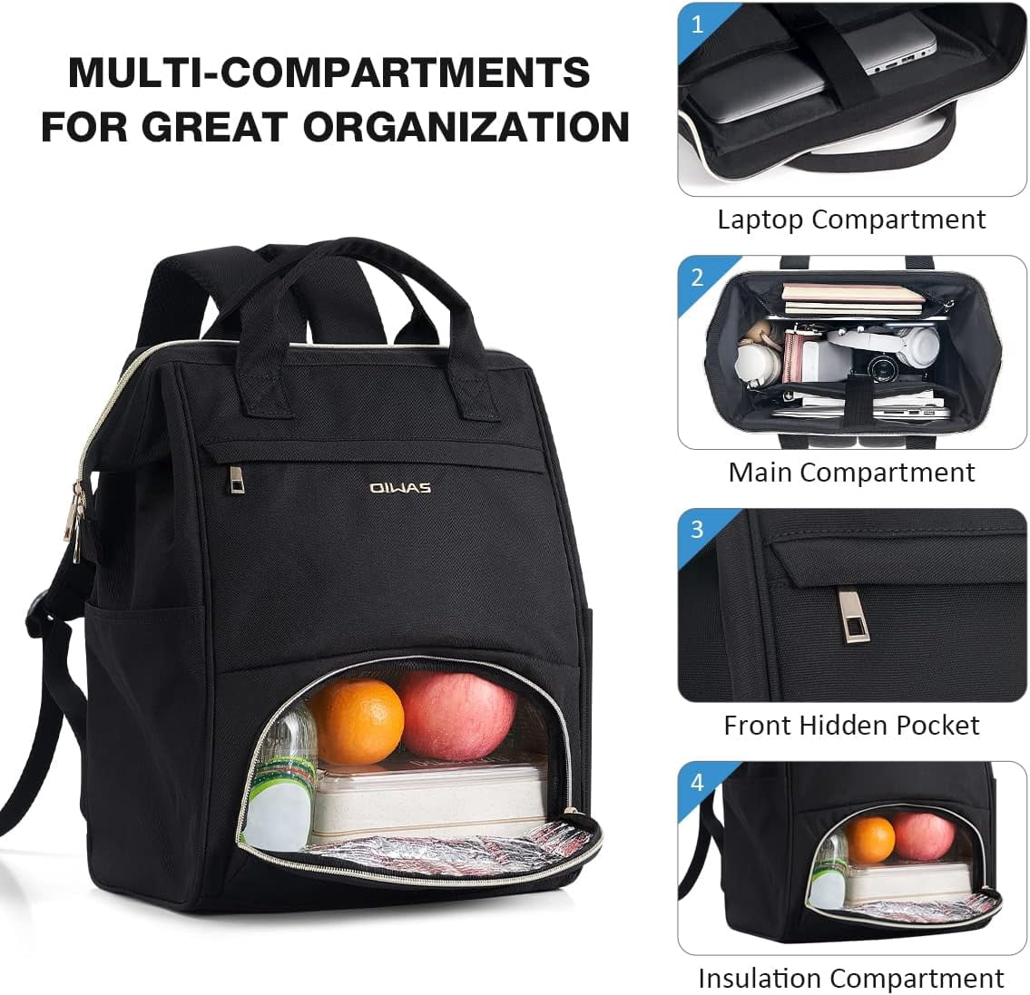 OIWAS Lunch Bag Laptop Backpack Insulated Cooler with USB Port for Men Women, Fits 15.6 inch Laptop, Black
