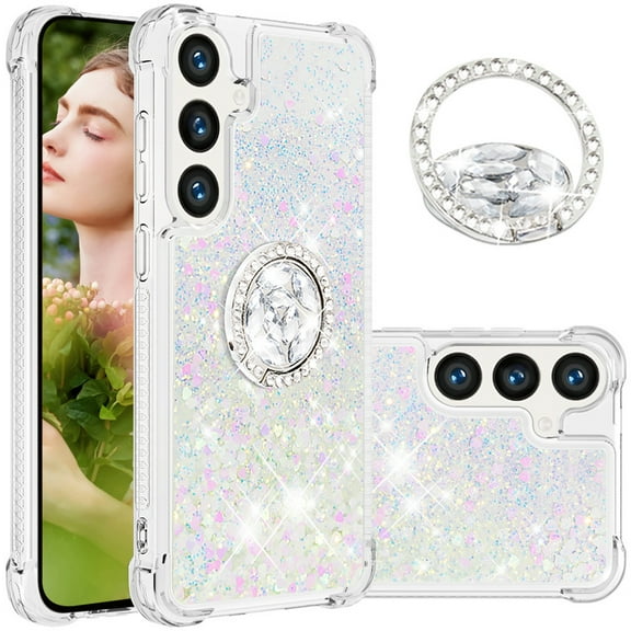 CCSmall for Samsung Galaxy S25 Case Clear Glitter Bling for Women, Flowing Liquid Quicksand Sparkly Cover with Diamond Ring Holder Case for Samsung Galaxy S25 LSZ Colorful