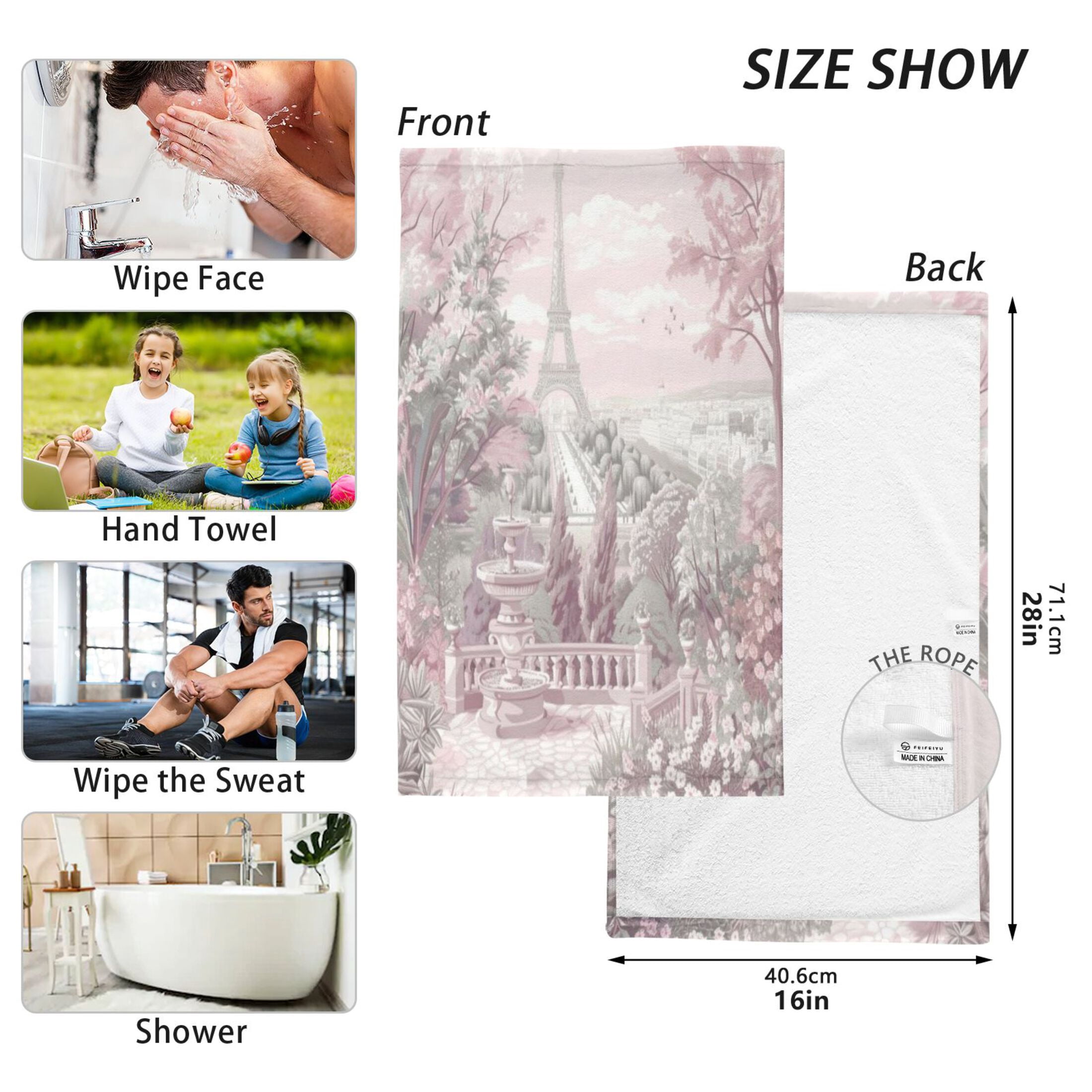 Cotton Towel Two-Piece 16x28 Inch One Sizex2 Face Towel Set Towel Set Cotton Hand Bath Towel Bathroom Beach Pink Flowers and The Eiffel Tower