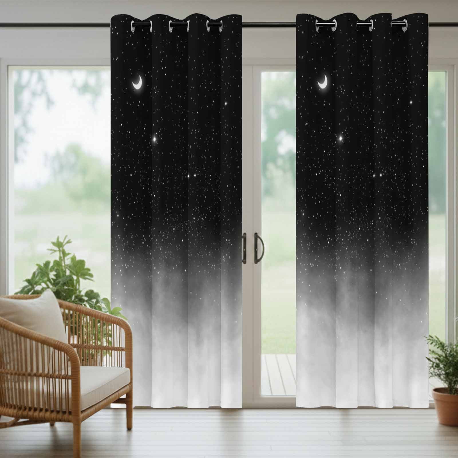 Crescent Moon Outdoor Curtains for Patio, Dreamy Black Misty Cloud Gray Gradient Fog Sunshade Privacy Drapes Grommet Waterproof Outside Curtains for Porch/Cabana/Balcony 54"x 108", 1 Panel
