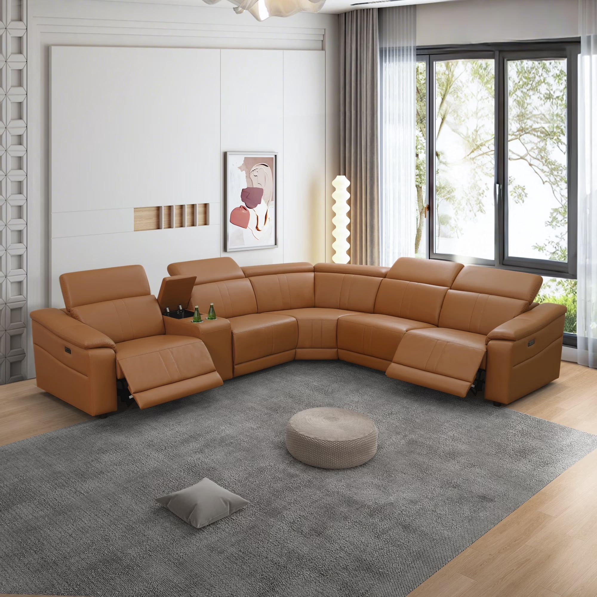 Gewnee Light Brown Air Leather Power Reclining Sofa with Storage, Cup Holders, USB Charging and LED Lights, Solid Wood Frame, for Living Room
