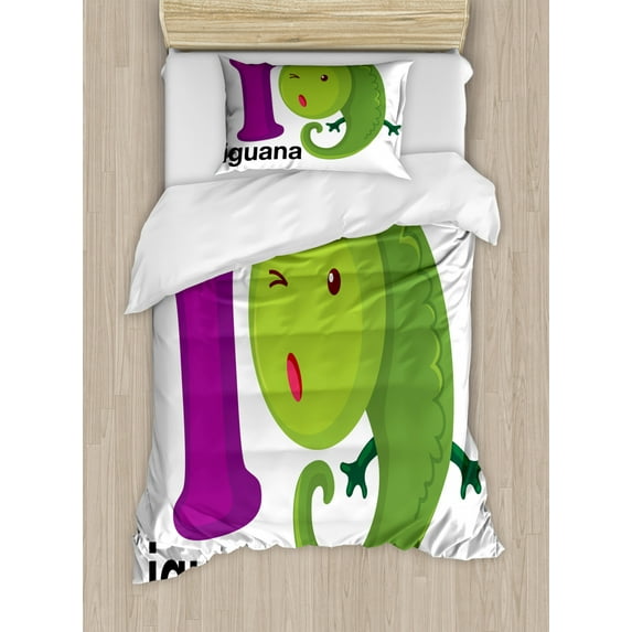 Iguana Duvet Cover Set Twin Size, Animal Alphabet Theme with Capital Letter I with Funny Cartoon Animal, Decorative 2 Piece Bedding Set with 1 Pillow Sham, Purple Green and Black, by Ambesonne