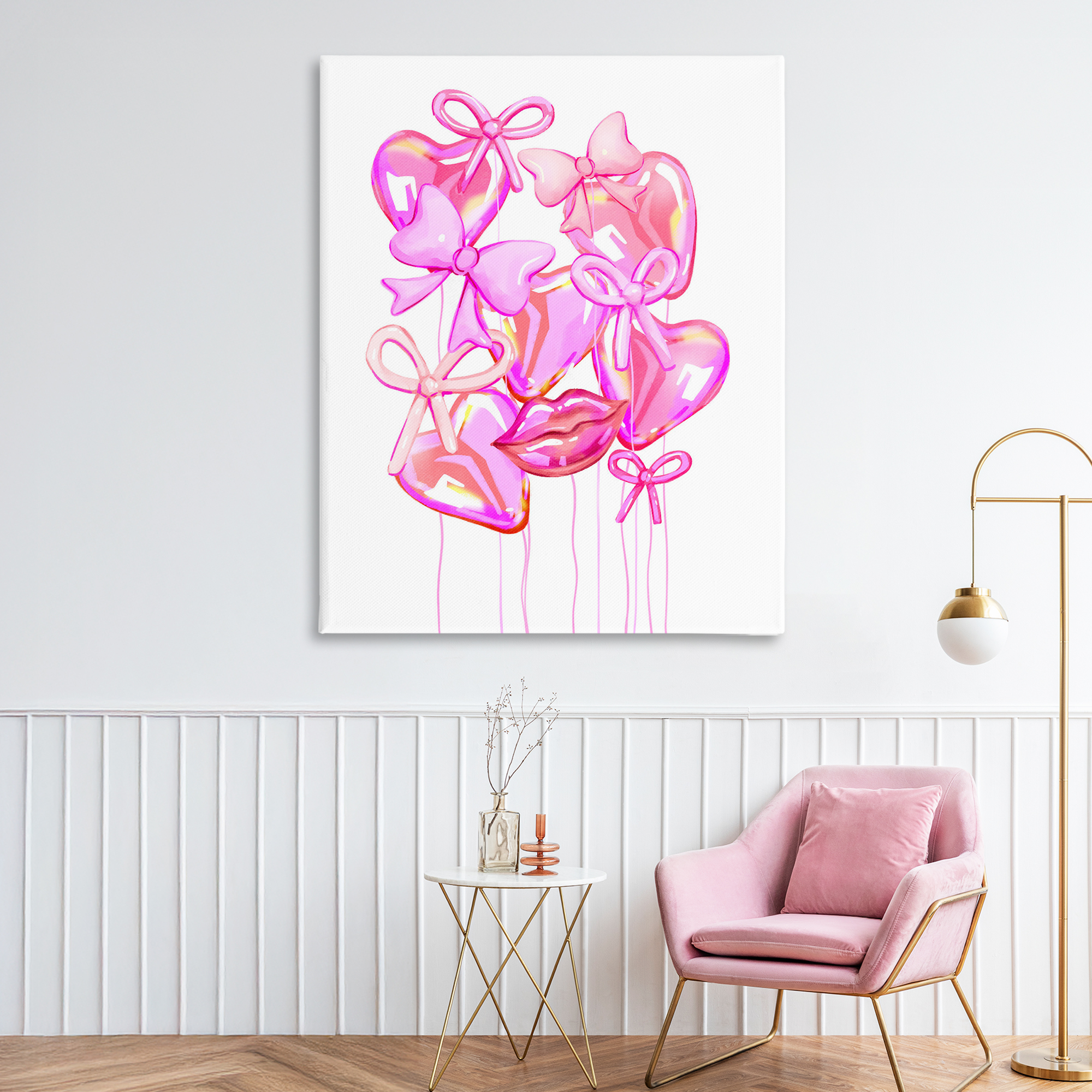 Pink Heart and Bow Balloons Canvas Wall Art, design by Ziwei Li