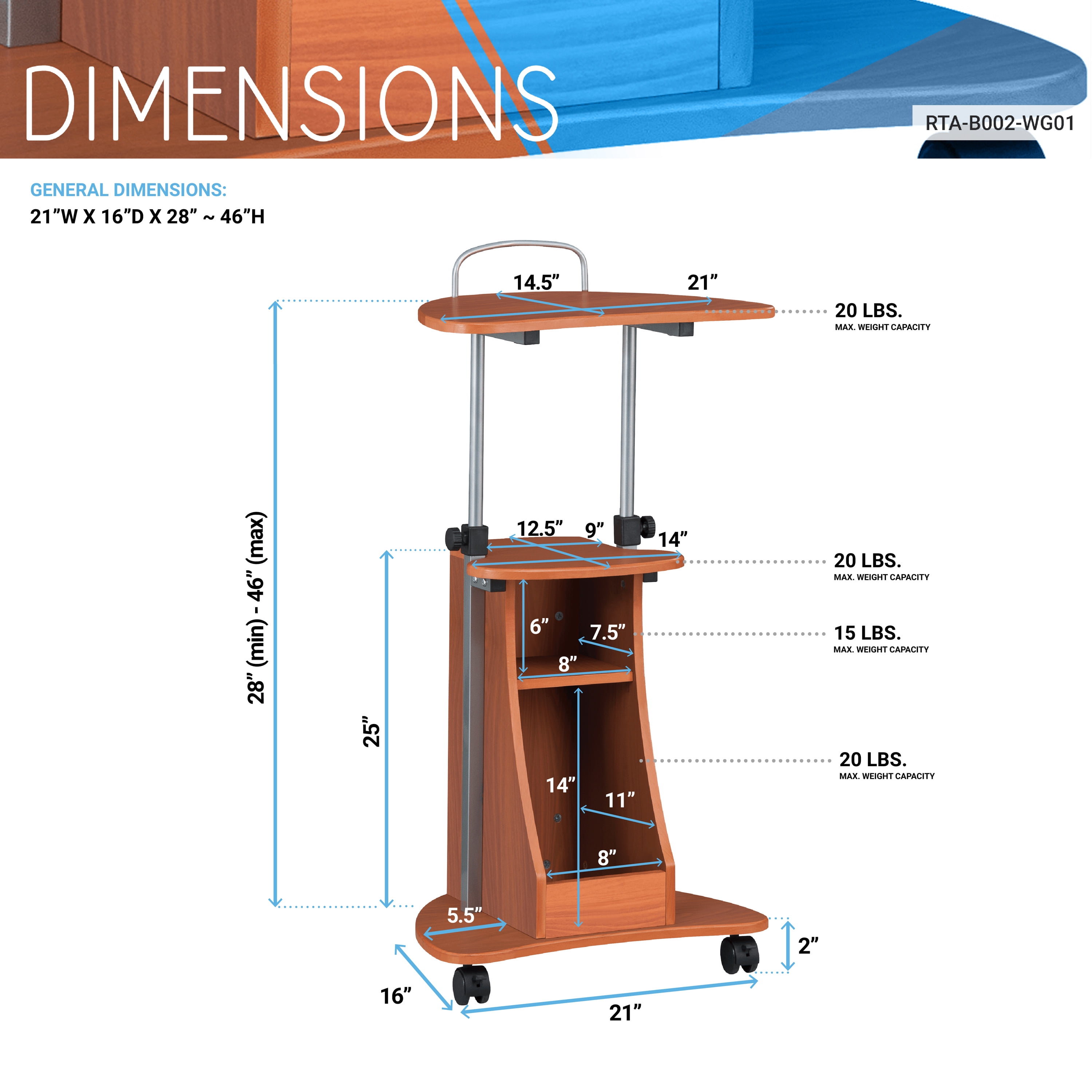 Sit-to-Stand Rolling Adjustable Height Laptop Cart with Storage Accessory Shelf, 28-43in Height Lockable Casters Moisture Resistant MDF Mobile Workstation